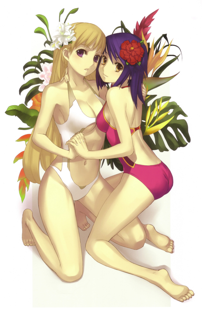 absurdres ar_tonelico ar_tonelico_ii ass asymmetrical_docking barefoot bird_of_paradise blonde_hair blue_hair breast_press breasts casual_one-piece_swimsuit chroche_latel_pastalie cleavage feet flower full_body hair_flower hair_ornament halterneck hibiscus highres holding_hands hug interlocked_fingers kneeling large_breasts leg_between_thighs legs long_hair looking_back luca_truelywaath multiple_girls nagi_ryou navel official_art one-piece_swimsuit pink_swimsuit purple_eyes smile swimsuit white_swimsuit yellow_eyes yuri