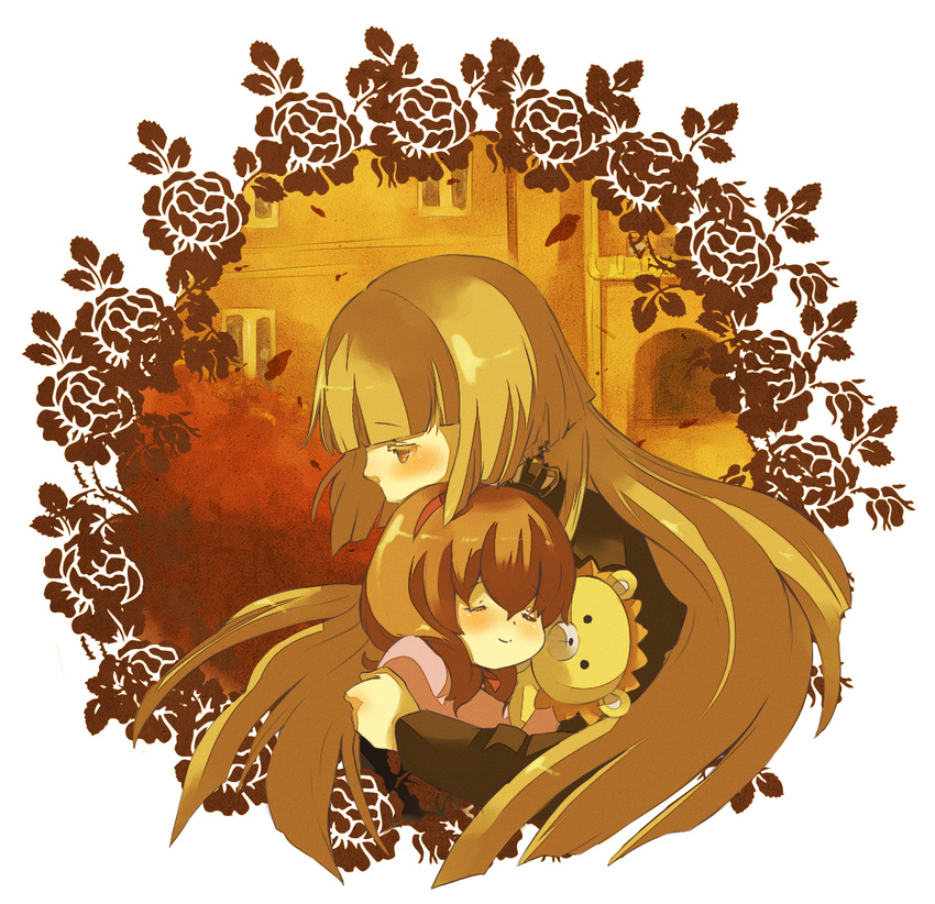 ai-wa brown_hair crown flower hime_cut hug long_hair mother_and_daughter multiple_girls sakutarou stuffed_animal stuffed_lion stuffed_toy umineko_no_naku_koro_ni ushiromiya_maria ushiromiya_rosa