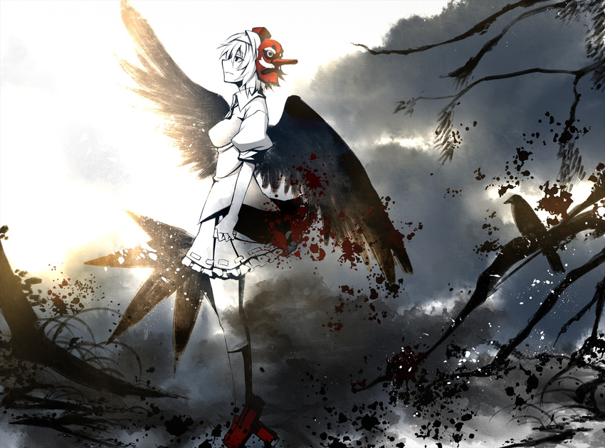 bad_id bad_pixiv_id bird black_hair crow eho_(icbm) geta hat highres looking_afar looking_away looking_up mask profile sad shameimaru_aya short_hair solo spot_color tengu-geta tengu_mask tokin_hat touhou wings