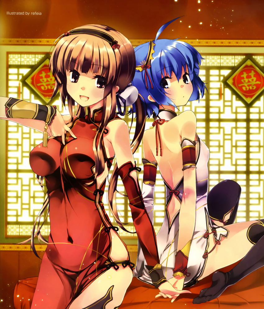 absurdres bare_shoulders blue_eyes blue_hair breasts brown_eyes brown_hair china_dress chinese_clothes copyright_request detached_sleeves dress highres impossible_clothes impossible_dress large_breasts legs multiple_girls refeia short_hair side_slit thighhighs thighs