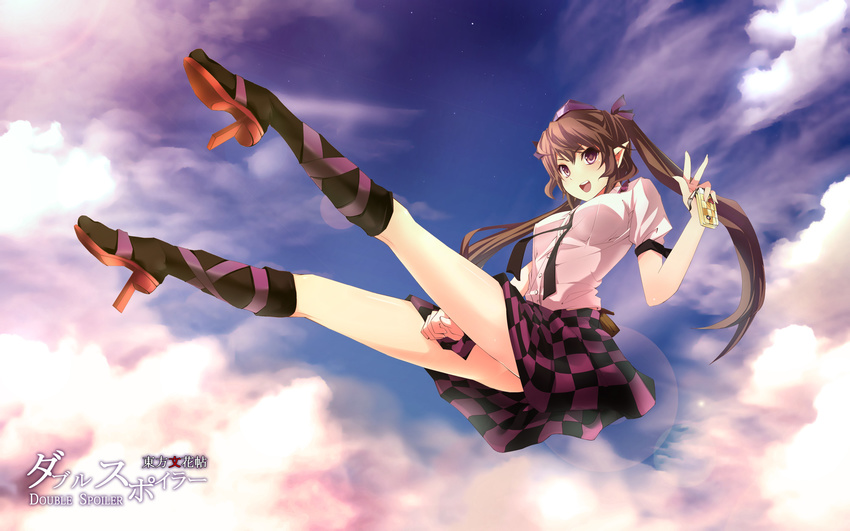 asskiler brown_eyes brown_hair cellphone checkered checkered_skirt copyright_name double_spoiler geta hat highres himekaidou_hatate legs long_hair necktie phone pointy_ears skirt solo tengu-geta tokin_hat touhou twintails