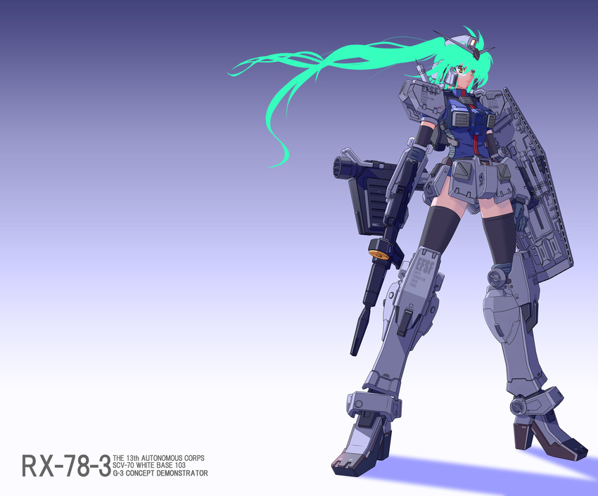 absurdres bazooka g-3_gundam green_hair gun gundam highres mecha mecha_musume mobile_suit_gundam rifle shield solo thighhighs tsukii_tsukato weapon