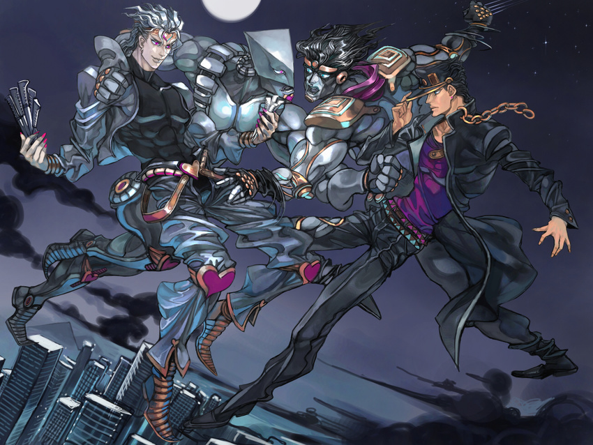 chain dio_brando flying full_moon jojo_no_kimyou_na_bouken knife kuujou_joutarou male_focus moon multiple_boys muscle stand_(jojo) star_platinum stardust_crusaders the_world touge_(kubiwa_tsuki)