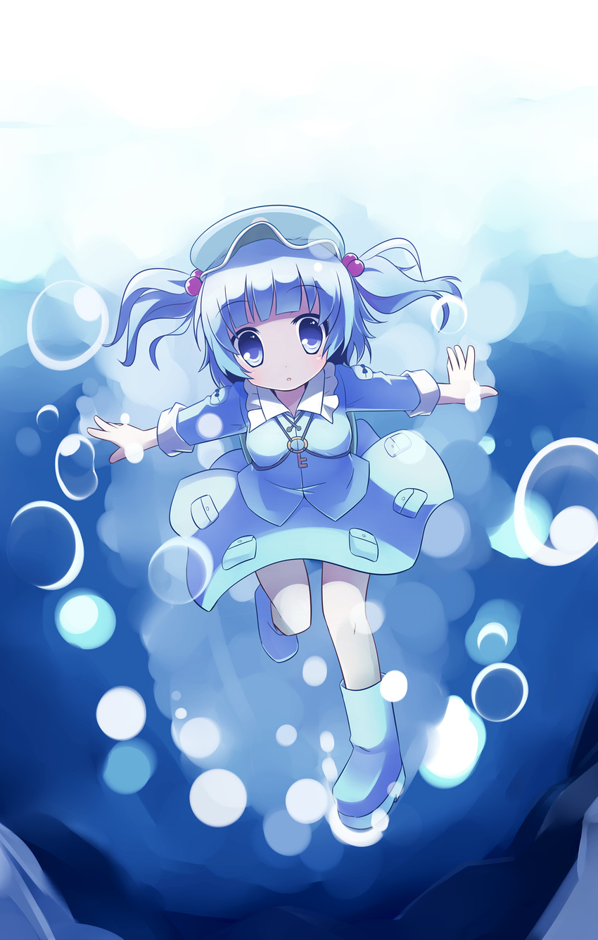 backpack bag bangs blue_eyes blue_hair blunt_bangs boots hair_bobbles hair_ornament hat highres kawashiro_nitori key miko_machi outstretched_arms rubber_boots short_hair solo spread_arms staring touhou twintails underwater