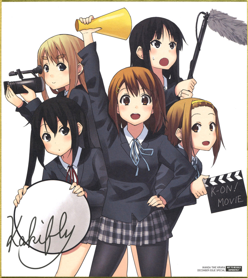 :d :o akiyama_mio black_hair blazer blonde_hair blue_eyes boom_microphone brown_eyes brown_hair camcorder clapperboard hair_ornament hairclip highres hirasawa_yui jacket k-on! k-on!_movie kakifly kotobuki_tsumugi long_hair megaphone multiple_girls nakano_azusa official_art open_mouth pantyhose plaid plaid_skirt reflector_(photography) school_uniform signature skirt smile tainaka_ritsu twintails