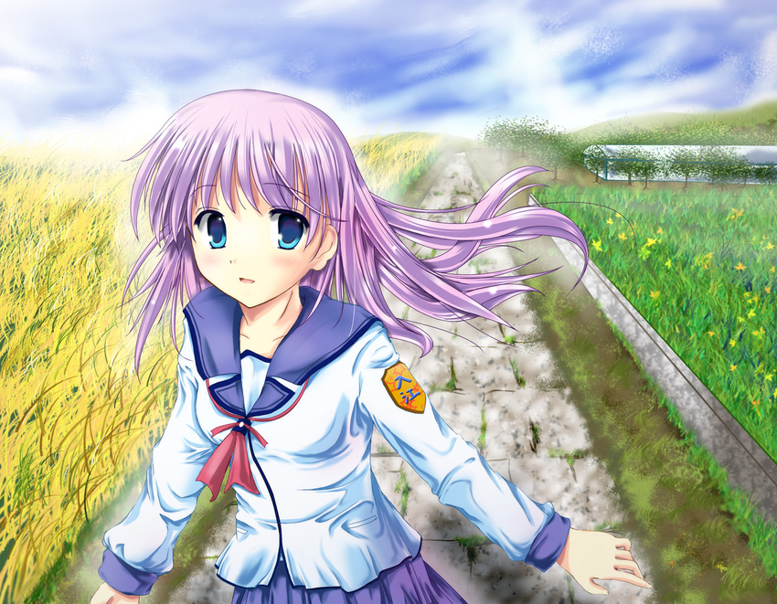 angel_beats! blue_eyes highres irie_(angel_beats!) long_hair purple_hair rock.fc school_uniform serafuku shinda_sekai_sensen_uniform solo