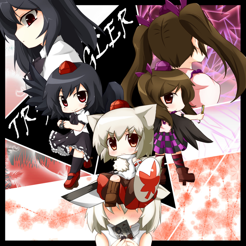 animal_ears bird_wings black_hair black_wings blush brown_hair camera cellphone detached_sleeves hat highres himekaidou_hatate inubashiri_momiji long_hair multiple_girls phone photo_(object) puffy_sleeves red_eyes shameimaru_aya shield short_hair short_sleeves smile sword takatoiyori tokin_hat touhou twintails weapon white_hair wings wolf_ears yellow_eyes