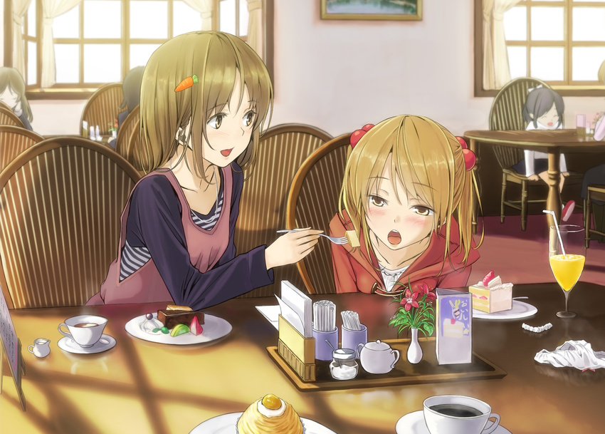 :o bad_id bad_pixiv_id blonde_hair blush bow bow_panties brown_eyes brown_hair cafe cake carrot_hair_ornament collarbone cup feeding flower food food_themed_hair_ornament fork fruit hair_bobbles hair_ornament hairpin highres hood hooded_jacket jacket jewelry multiple_girls necklace open_mouth original panties panties_removed siblings sisters sitting smile teacup tray twintails underwear white_panties yoropa