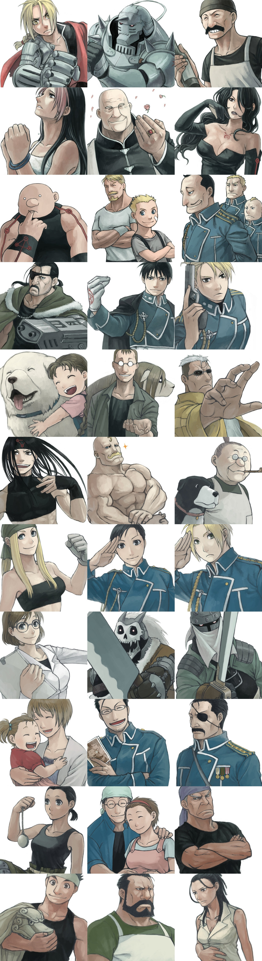 6+girls absurdres alex_louis_armstrong alexander_(fma) alphonse_elric armor bald_(fma) bandana barry_the_chopper beard black_hair blonde_hair blue_eyes bottle braid cape closed_eyes den_(fma) denny_brosh dominic_lecoulte edward_elric elicia_hughes envy_(fma) everyone extra eyepatch facial_hair father_and_son father_cornello flamel_symbol full_armor fullmetal_alchemist glasses gluttony gracia_hughes hat highres izumi_curtis jewelry khayal king_bradley kyle_halling lieutenant_yoki lust maes_hughes maria_ross mask mason_(fma) mr._halling mukuo multiple_boys multiple_girls muscle mustache nina_tucker paninya pendant pinako_rockbell ridel_lecoulte ring riza_hawkeye rose_tomas roy_mustang salute satella_lecoulte scar scar_(fma) sheska shou_tucker sig_curtis slicer_brothers smile spoilers winry_rockbell