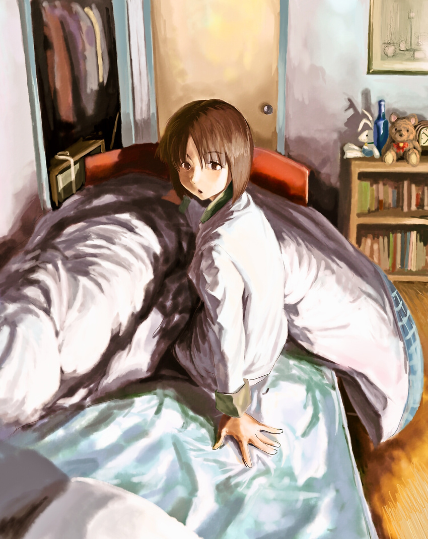 :o akio-bako arm_support bed bedroom blanket book bookshelf brown_eyes brown_hair clock highres indoors on_bed original pajamas revision room short_hair solo stuffed_animal stuffed_toy teddy_bear under_covers