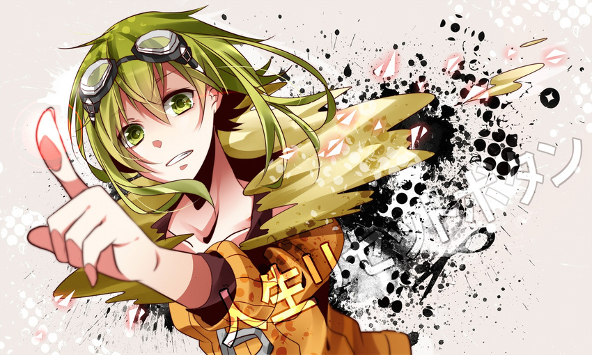 clenched_teeth foreshortening goggles goggles_on_head green_eyes green_hair gumi jacket jinsei_reset_button_(vocaloid) looking_at_viewer nou pointing short_hair solo song_name teeth vocaloid