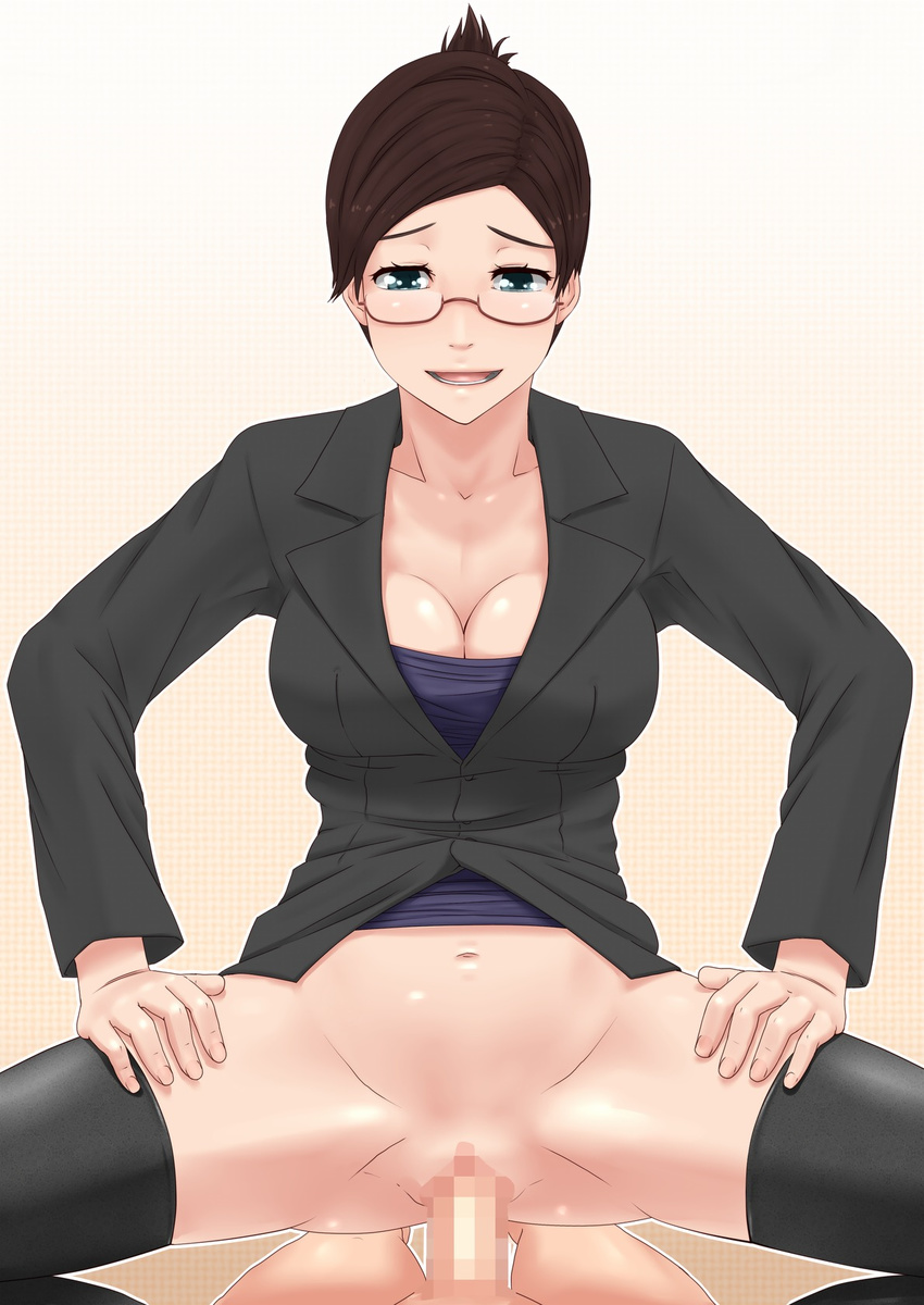 1girl blue_eyes breasts brown_hair censored cleavage girl_on_top glasses happy highres large_breasts navel no_panties open_mouth penis section_11 short_hair smile socks spread_legs