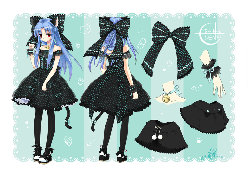 animal_ears bell blue_hair bow braid cat_ears cat_tail dress full_body len long_hair melty_blood pantyhose polka_dot red_eyes ribbon shawl snowclover tail tsukihime