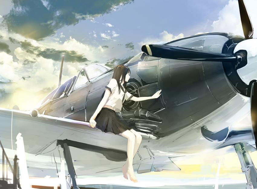 aircraft airplane arm_support barefoot black_hair cloud feet from_below j2m_raiden midriff military original school_uniform serafuku sitting sky solo takeshima_satoshi