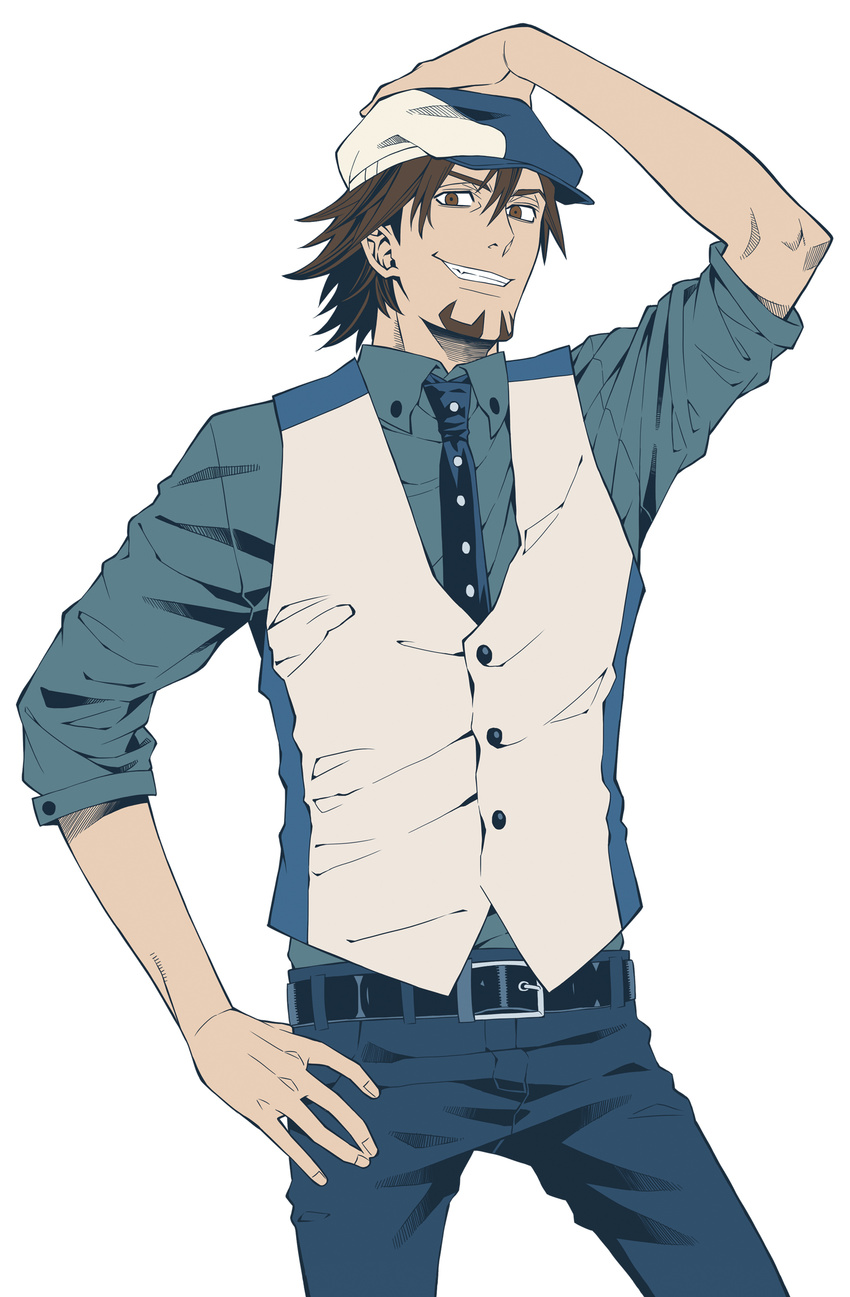 absurdres belt brown_eyes brown_hair cabbie_hat facial_hair flat_color hand_on_headwear hand_on_hip hat highres kaburagi_t_kotetsu kaneshiki_suisse male_focus necktie simple_background solo stubble tiger_&amp;_bunny vest waistcoat white_background