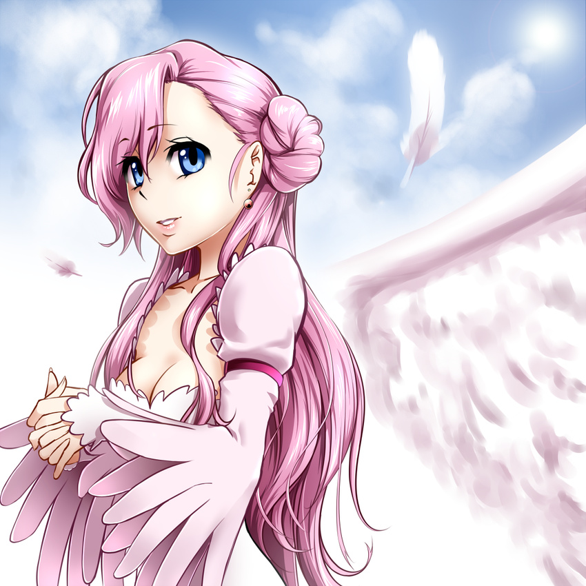 bad_id bad_pixiv_id blue_eyes breasts cleavage code_geass dress earrings euphemia_li_britannia feathers hands_clasped jewelry lips long_hair mattari_yufi medium_breasts own_hands_together pink_hair solo