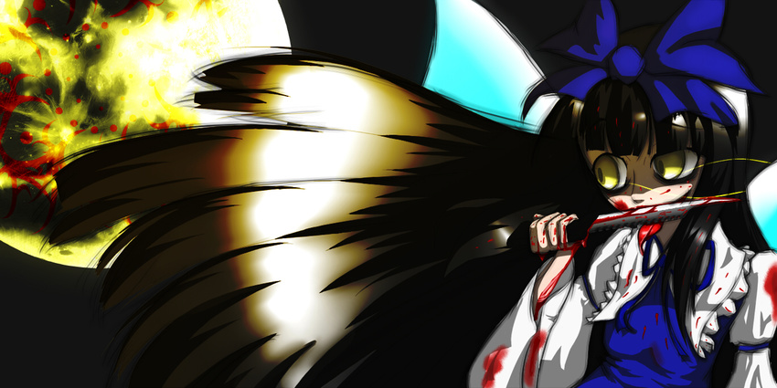 artist_request black_hair blood blue bow combat_knife crazy fairy fairy_wings hair_bow knife long_hair long_tongue moon ribbon smile solo star_sapphire tongue touhou weapon wings yellow_eyes