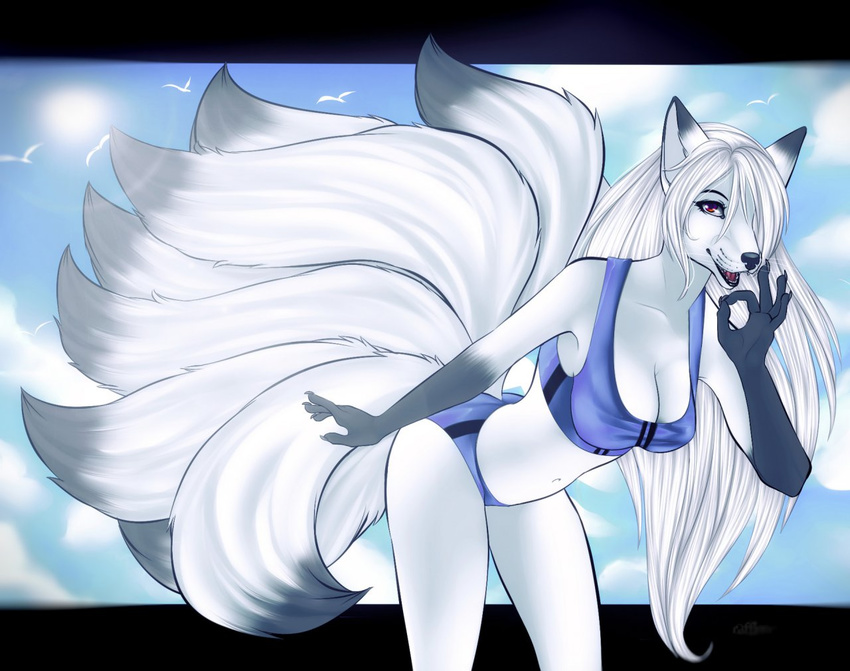 canine clothed clothing female fluff fox fur hair hair_over_eye lens_flare long_hair looking_at_viewer mammal multiple_tails navel overboob rafflone red_eyes roxanne_(character) skimpy solo tail white_fur white_hair