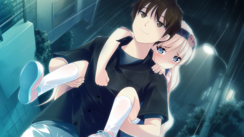 blonde_hair blue_eyes blush brown_eyes brown_hair game_cg haruka_ruha isami_hayato long_hair male rain shinsei_ni_shite_okasubekarazu short_hair watari_masahito