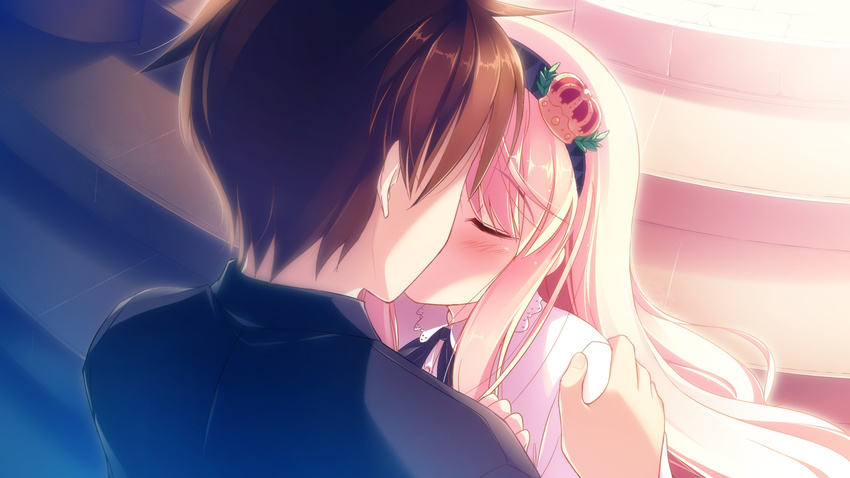 blonde_hair blush brown_hair game_cg haruka_ruha isami_hayato kiss long_hair male shinsei_ni_shite_okasubekarazu short_hair watari_masahito