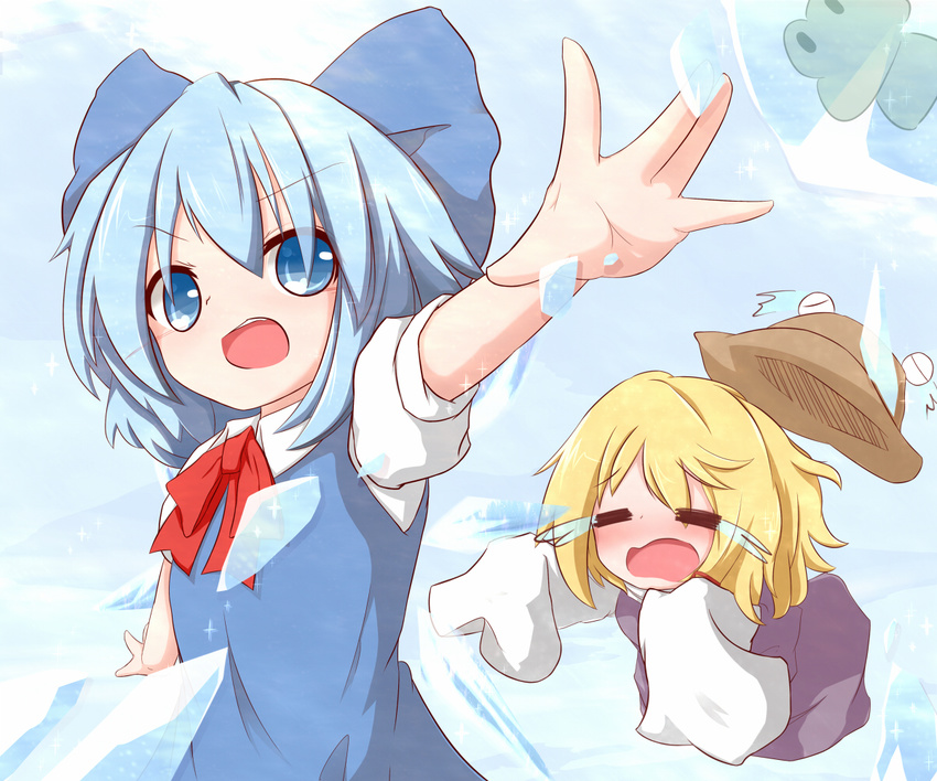 blonde_hair blue_dress blue_eyes blue_hair bow chibi cirno closed_eyes dress flying food frog frozen frozen_frog hair_bow kisa_(k_isa) long_sleeves moriya_suwako multiple_girls open_mouth outstretched_arms oversized_clothes shirt skirt skirt_set sleeves_past_wrists spread_arms tears touhou vest wavy_mouth wings