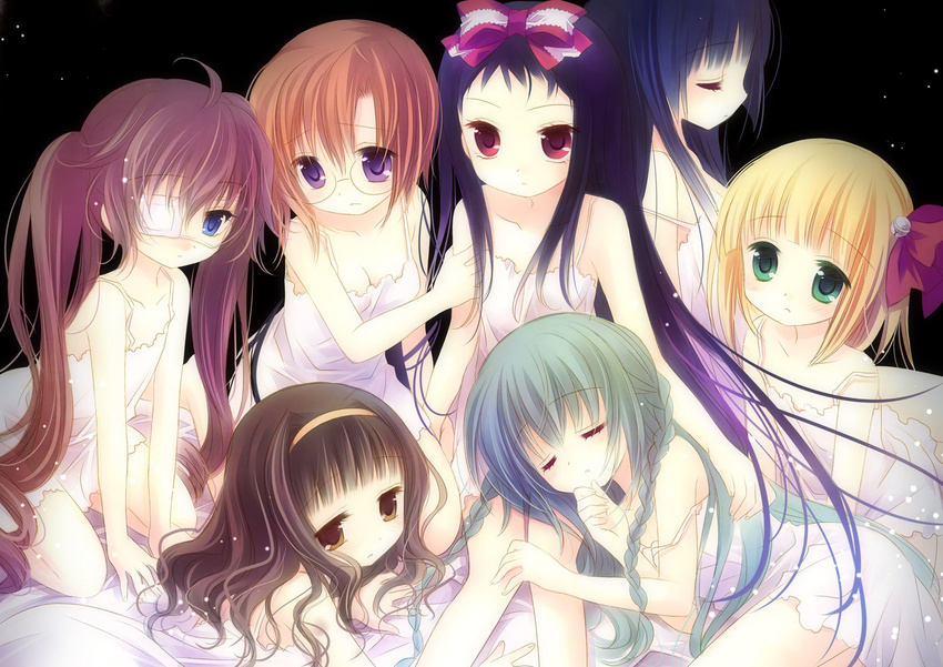 bell black_hair blonde_hair blue_eyes bow braid breasts brown_eyes brown_hair chemise cleavage closed_eyes eyepatch glasses green_eyes hair_bell hair_bow hair_ornament hair_ribbon hairband higanbana_(higanbana_no_saku_yoru_ni) higanbana_no_saku_yoru_ni kneeling kusunoki_midori lap_pillow long_hair lying moriya_marie multiple_girls numata_youko on_side purple_eyes red_eyes ribbon sakaki_yukari sakurada_michiru sakurazawa_izumi short_hair small_breasts strap_slip sumire_(higanbana) twin_braids twintails very_long_hair