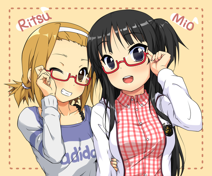 adjusting_eyewear akiyama_mio alternate_costume alternate_hairstyle arm_hug bespectacled black_hair blue_eyes breasts brown_eyes brown_hair casual dotted_line glasses grin hairband k-on! k10k long_hair medium_breasts multiple_girls nail_polish nodoka_glasses one_eye_closed open_mouth ponytail red-framed_eyewear round_teeth semi-rimless_eyewear short_hair side_ponytail small_breasts smile tainaka_ritsu teeth under-rim_eyewear