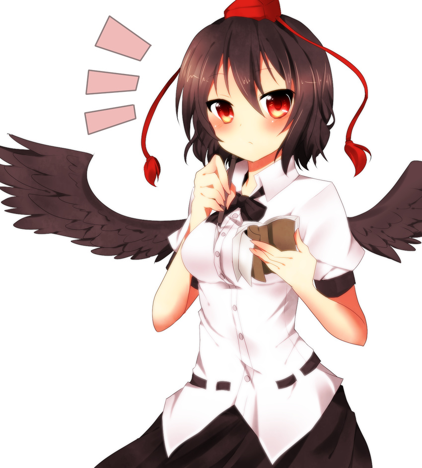 bad_id bad_pixiv_id black_hair black_wings blush hat highres looking_at_viewer notebook pen red_eyes shameimaru_aya shirt short_hair skirt solo touhou wings yarawi