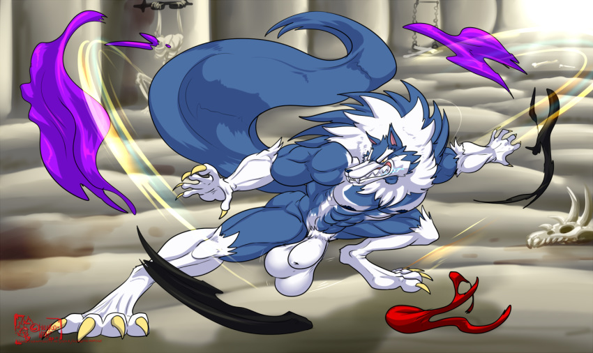 2018 4_toes 5_fingers abs animal_genitalia animal_penis anthro balls biceps blue_fur blue_hair blue_nose blue_skin canine canine_penis claws clothing darkstalkers digitigrade eyebrows fully_sheathed fur gloves_(marking) growling hair hungothenomster jon_talbain male mammal mane markings multicolored_fur multicolored_hair multicolored_skin muscular muscular_male muscular_thighs nude pecs penis sharp_teeth sheath socks_(marking) solo standing teeth toes torn_clothing two_tone_fur two_tone_hair two_tone_skin video_games were werewolf white_fur white_hair white_skin wolf