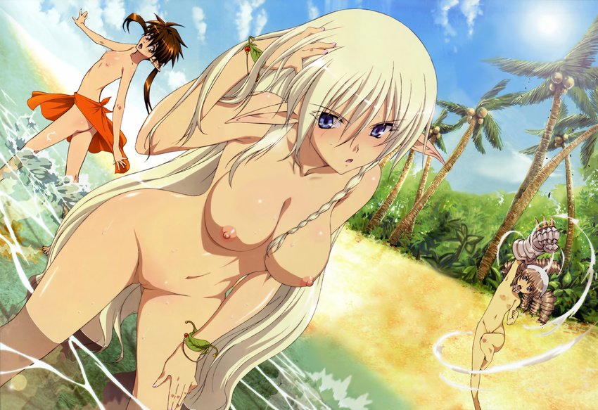 3girls absurdres alleyne alleyne_(queen's_blade) arm_up barefoot beach blue_eyes blush bracelet braid breasts brown_eyes brown_hair cloud coconut collarbone drill_hair dutch_angle dwarf elf flat_chest gloves hand_on_thigh highres jewelry leaf legs long_hair looking_at_viewer megami miyazawa_tsutomu mound_of_venus multiple_girls navel nipples nowa nude nude_filter open_mouth outdoors palm_tree photoshop pointy_ears pussy queen's_blade queen's_blade sarong silver_hair single_braid single_glove sky spiked_gloves sun topless tree uncensored very_long_hair wading water wet ymir ymir_(queen's_blade)
