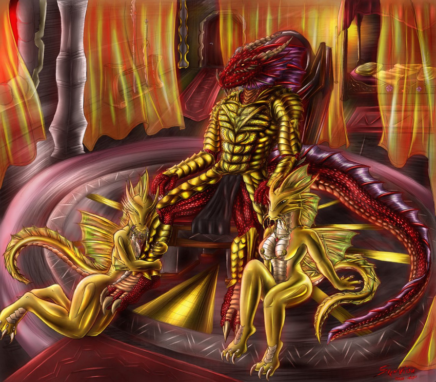 big_breasts breasts claws dragon dungeons_&amp;_dragons female gold gold_dragon harem horn hugging_leg iva leg_hug male necklace nipple_chain nipple_chains nipple_piercing nipples nude piercing red_dragon red_scales royalty scales scalie sibling siblings twins yellow_dragon