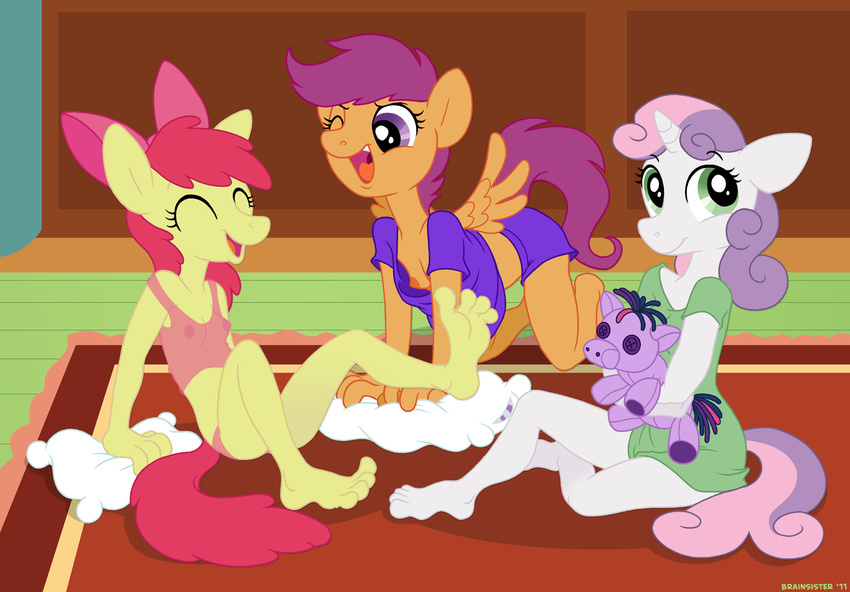 anthro anthrofied apple_bloom_(mlp) applebloom_(mlp) brainsister breasts button cub cutie_mark_crusaders_(mlp) equine eyelashes eyes_closed female friendship_is_magic green_eyes green_floor green_pajamas hair headset horn horse humanoid_feet humanoid_hands laugh long_hair mammal multi-colored_hair my_little_pony nipples open_mouth orange_body orange_nipples pegasus pink_nipples pink_pajamas plushie pony purple_eyes purple_hair purple_pajamas purples_eyes red_hair red_rug scootaloo_(mlp) smile sweetie_belle_(mlp) tail teeth tongue twilight_sparkle_(mlp) unicorn white_body wings yellow_body young