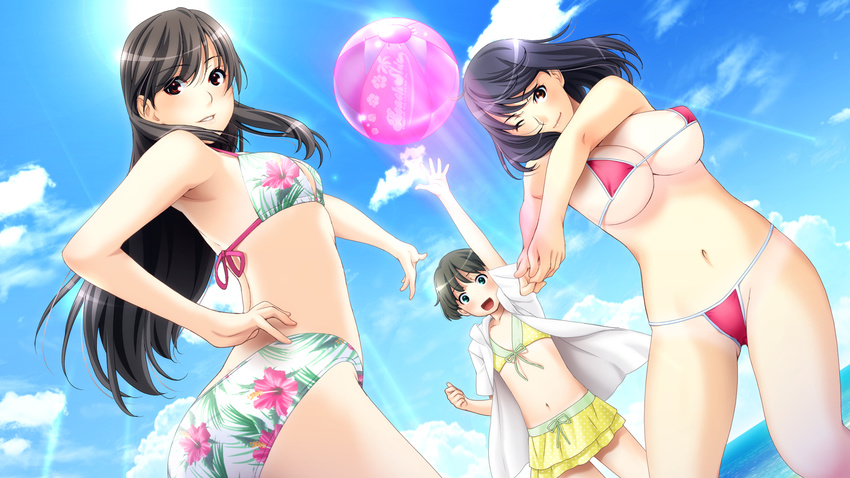 ball beachball bikini bikini_skirt breasts cleavage cloud day flat_chest floral_print front-tie_top highres hood hoodie ino jacket jacket_over_swimsuit kayano_chika large_breasts lens_flare light_rays looking_at_viewer looking_back micro_bikini motion_blur multiple_girls navel nipple_slip nipples one_eye_closed open_clothes open_hoodie open_mouth sister_scheme_2 sky smile sun sunbeam sunlight swimsuit underboob yanagawa_amane yanagawa_misaki