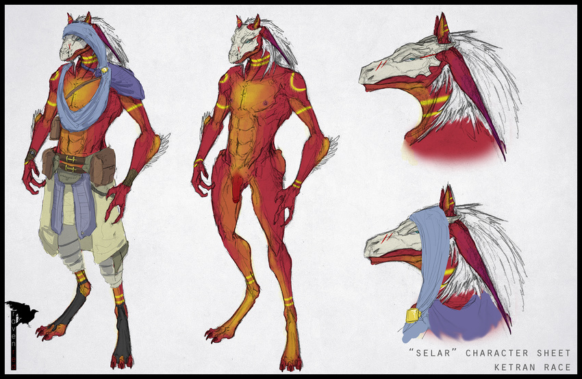 avian backwards bird breasts character claws clothing crow dinosaur dragon ears hair henna hood junk ketran long long_legs male model_sheet nipples original_character penis raptor raven raven_red red red_body scalie sheet tattoo white_hair