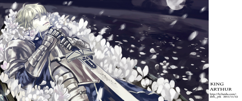 arthur_pendragon_(fate) blonde_hair dith_ytk excalibur fate/prototype fate/stay_night fate_(series) flower full_moon gauntlets male_focus moon solo sword weapon