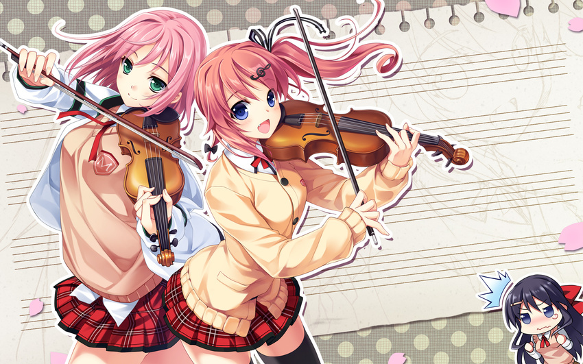 3girls :d black_hair black_legwear blue_eyes cardigan chibi fang green_eyes hair_ornament hair_ribbon hairclip highres instrument multiple_girls musical_note ninomae_sakura nonomiya_ai open_mouth pink_hair plaid plaid_skirt red_hair ribbon riv school_uniform shunki_gentei_poco_a_poco! side_ponytail skirt smile sweater_vest thighhighs violin wallpaper wavy_mouth yuuki_natsumi zettai_ryouiki