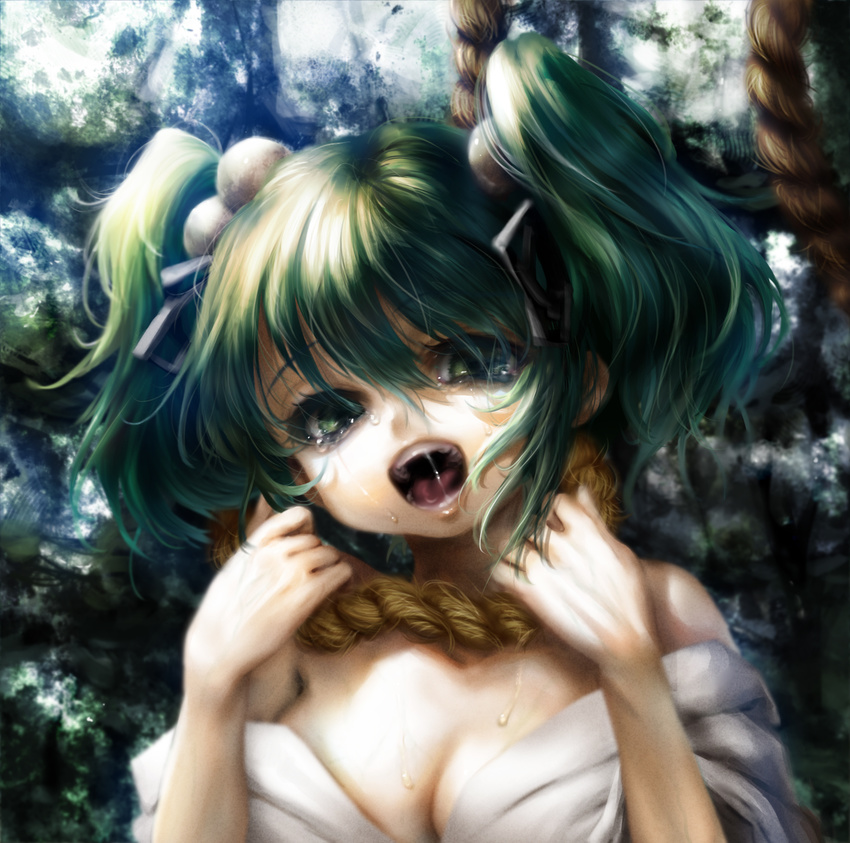 bare_shoulders breasts cleavage green_eyes green_hair hair_bobbles hair_ornament highres inuboe kisume medium_breasts noose off_shoulder open_mouth rope saliva short_hair solo tears touhou twintails upper_body