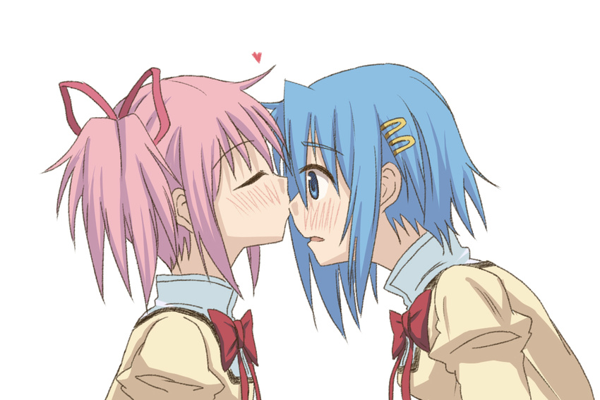 bad_id bad_pixiv_id banned_artist blue_eyes blue_hair blush closed_eyes gonzaburou hair_ornament hair_ribbon hairclip heart kaname_madoka kiss mahou_shoujo_madoka_magica miki_sayaka multiple_girls nose_kiss pink_hair ribbon school_uniform short_hair short_twintails simple_background twintails white_background yuri