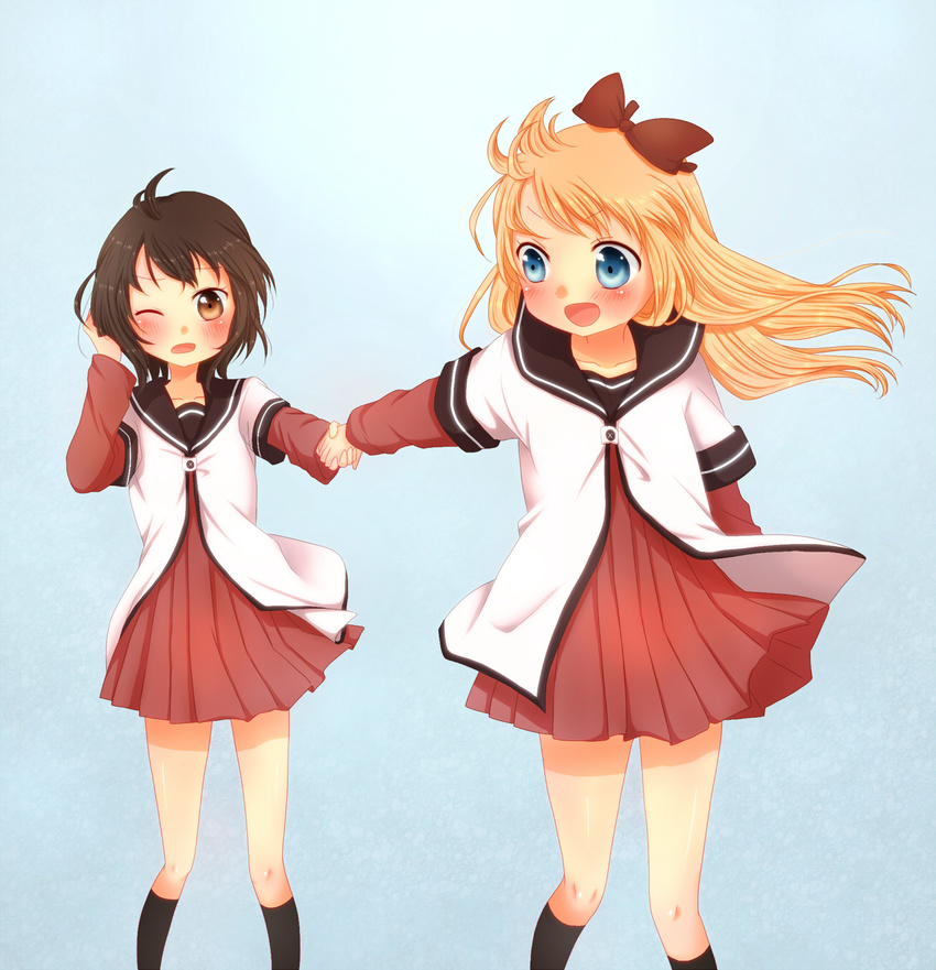 :d black_legwear blonde_hair blue_eyes blush bow brown_eyes brown_hair collarbone funami_yui hair_bow highres holding_hands multiple_girls nanamori_school_uniform open_mouth sa_ioio school_uniform serafuku short_hair smile toshinou_kyouko wince wind yuru_yuri