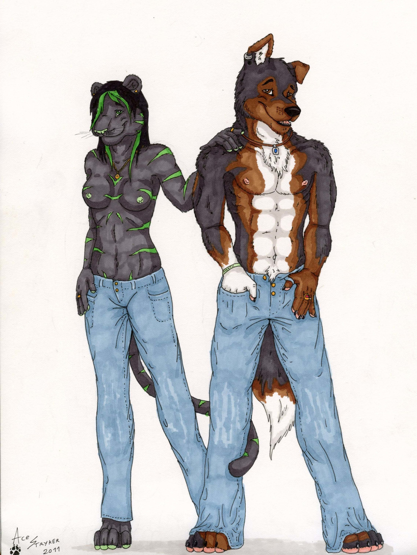 ace_stryker anthro canine dog duo feline female fit german_shepherd jeans looking_at_viewer male mammal nipples panther pose shepherd smile topless