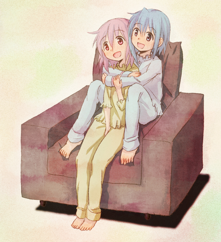 :d bad_id bad_pixiv_id banned_artist barefoot blue_eyes blue_hair chair easy_chair gonzaburou hair_down highres hug hug_from_behind kaname_madoka mahou_shoujo_madoka_magica miki_sayaka multiple_girls open_mouth pajamas pink_eyes pink_hair short_hair sitting smile