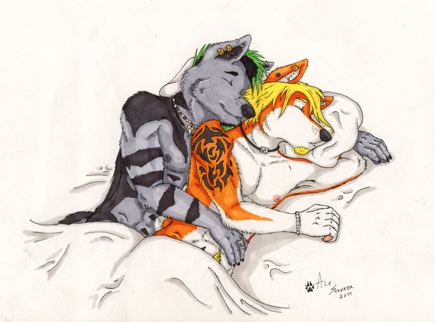 ace_stryker anthro canine cuddle cuddling dog duo ear_piercing ear_rings facial_hair fit gay goatee husky love male mammal necklace nipples nude piercing ryan_sanderson sheets sleeping spooning wolf