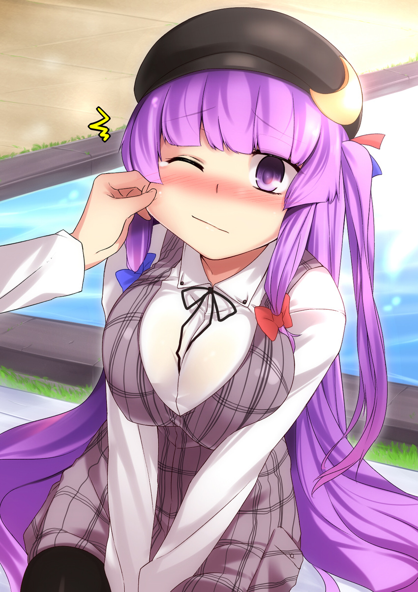 alternate_costume black_legwear blush bow breasts cheek_pinching contemporary crescent hair_bow hat highres large_breasts long_hair one_eye_closed pantyhose patchouli_knowledge pinching purple_eyes purple_hair sitting solo tears touhou two_side_up yamane_akira