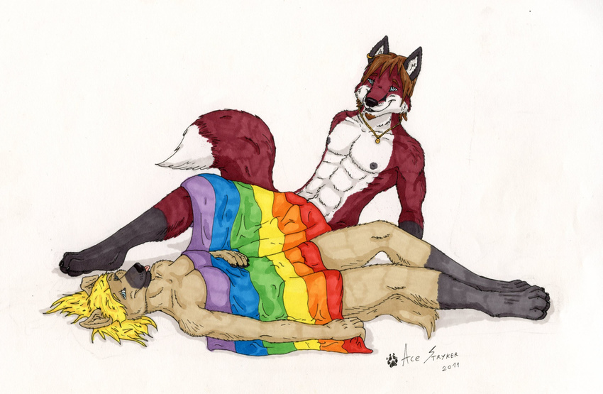 ace_stryker anthro blonde_hair blue_eyes canine dog duo facial_hair female fit fox gay gay_pride goatee hair looking_at_viewer male mammal nude rainbow_flag rainbow_symbol stated_homosexuality