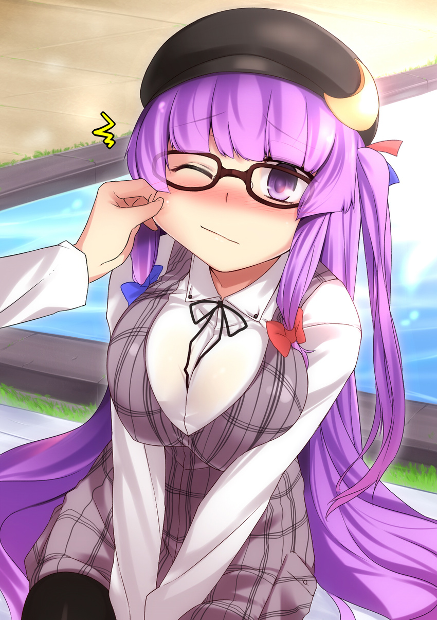 alternate_costume bespectacled black_legwear blush bow breast_squeeze breasts cheek_pinching contemporary crescent glasses hair_bow hat highres large_breasts long_hair one_eye_closed pantyhose patchouli_knowledge pinching purple_eyes purple_hair sitting solo tears touhou two_side_up v_arms wince yamane_akira