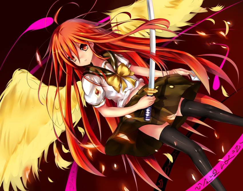 ahoge alastor_(shakugan_no_shana) baisi_shaonian black_legwear bow dutch_angle highres holding long_hair midriff navel red_eyes red_hair school_uniform serafuku shakugan_no_shana shana short_sleeves sword thighhighs weapon wings