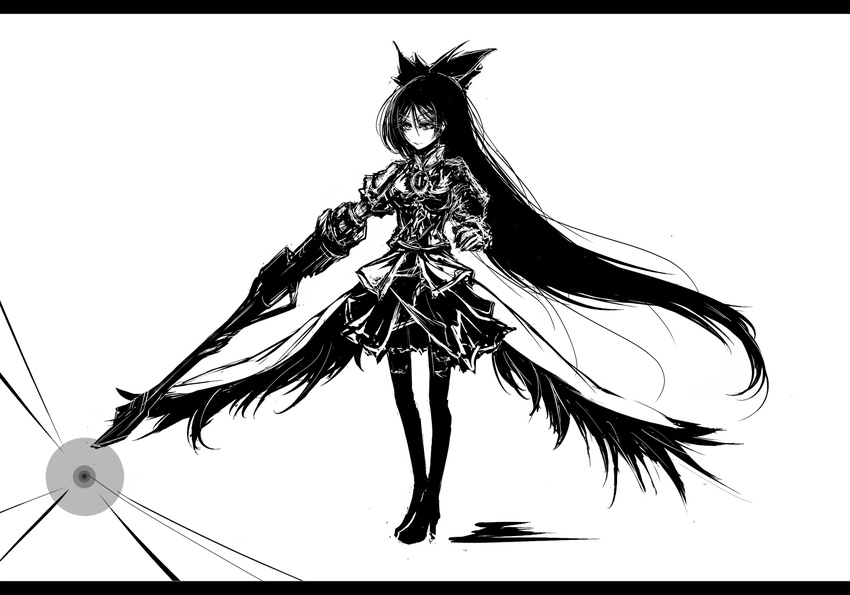 acryl alternate_weapon arm_cannon bow greyscale hair_bow letterboxed long_hair monochrome reiuji_utsuho solo third_eye touhou very_long_hair weapon wings