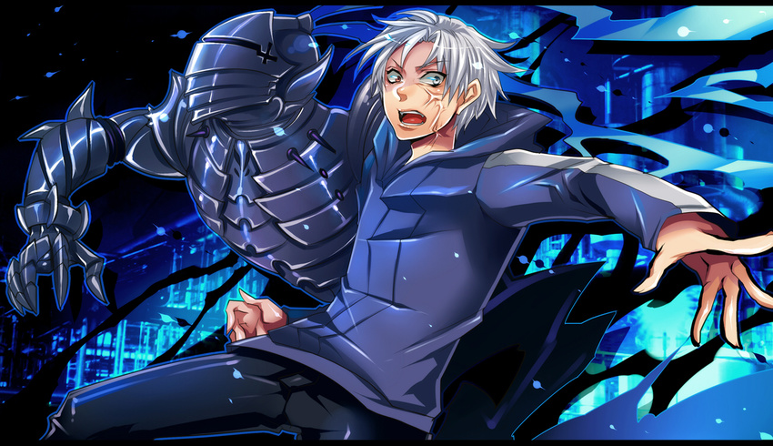 armor bad_id bad_pixiv_id berserker_(fate/zero) brown_eyes fate/zero fate_(series) full_armor grey_eyes helmet heterochromia hood hoodie male_focus matou_kariya matsurika_youko multiple_boys open_mouth white_hair