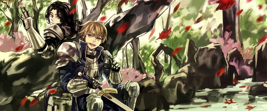 armor arthur_pendragon_(fate) black_hair blonde_hair cape dith_ytk excalibur fate/prototype fate/zero fate_(series) gauntlets green_eyes lancelot_(fate/zero) long_hair male_focus multiple_boys petals spoilers sword weapon