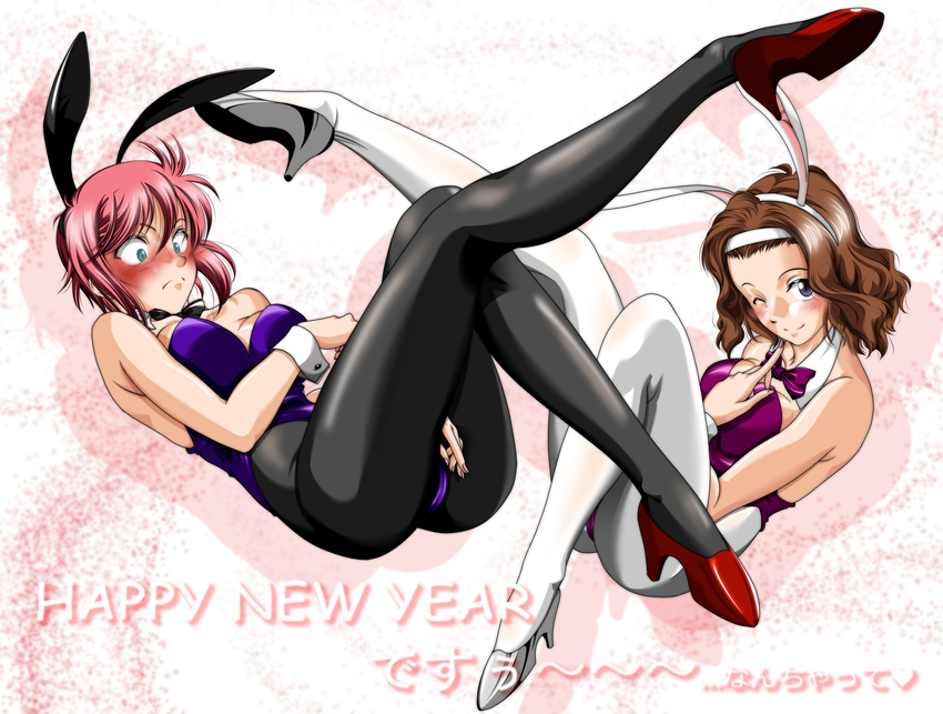 absurdres animal_ears black_legwear blue_eyes brown_hair bunny_ears bunnysuit detached_collar feldt_grace green_eyes gundam gundam_00 gundam_00_a_wakening_of_the_trailblazer highres mileina_vashti multiple_girls new_year one_eye_closed pantyhose red_hair short_hair white_legwear wrist_cuffs yk_(kakeha)